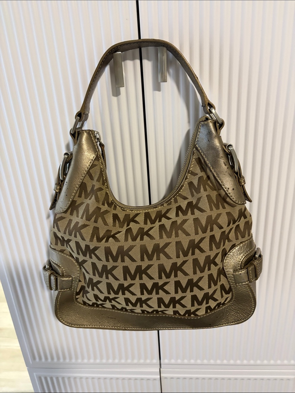 Michael Kors Metallic Soft Gold MK Monogram Shoulder Bag.